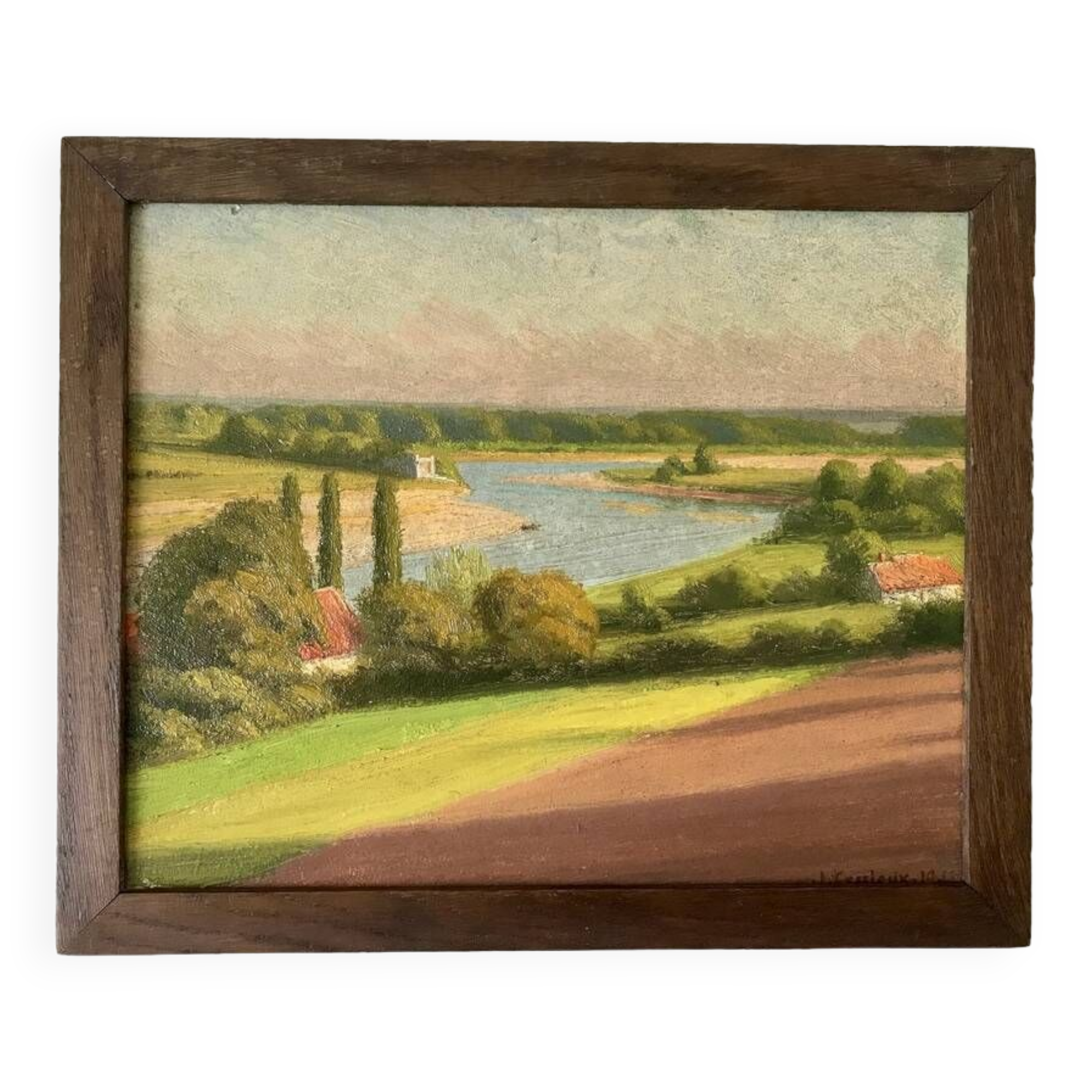 Oil painting on cardboard landscape river signed 1941