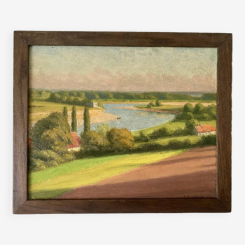 Tableau huile sur carton paysage rivière signé 1941