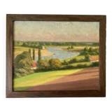 Oil painting on cardboard landscape river signed 1941