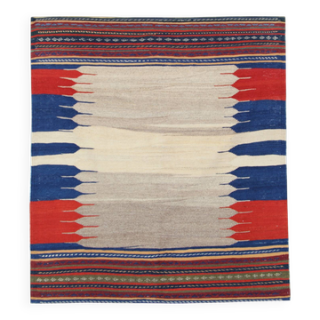 Wool Kilim Rug Earthy Beige, Vibrant Blue & Red 128 x 116 cm