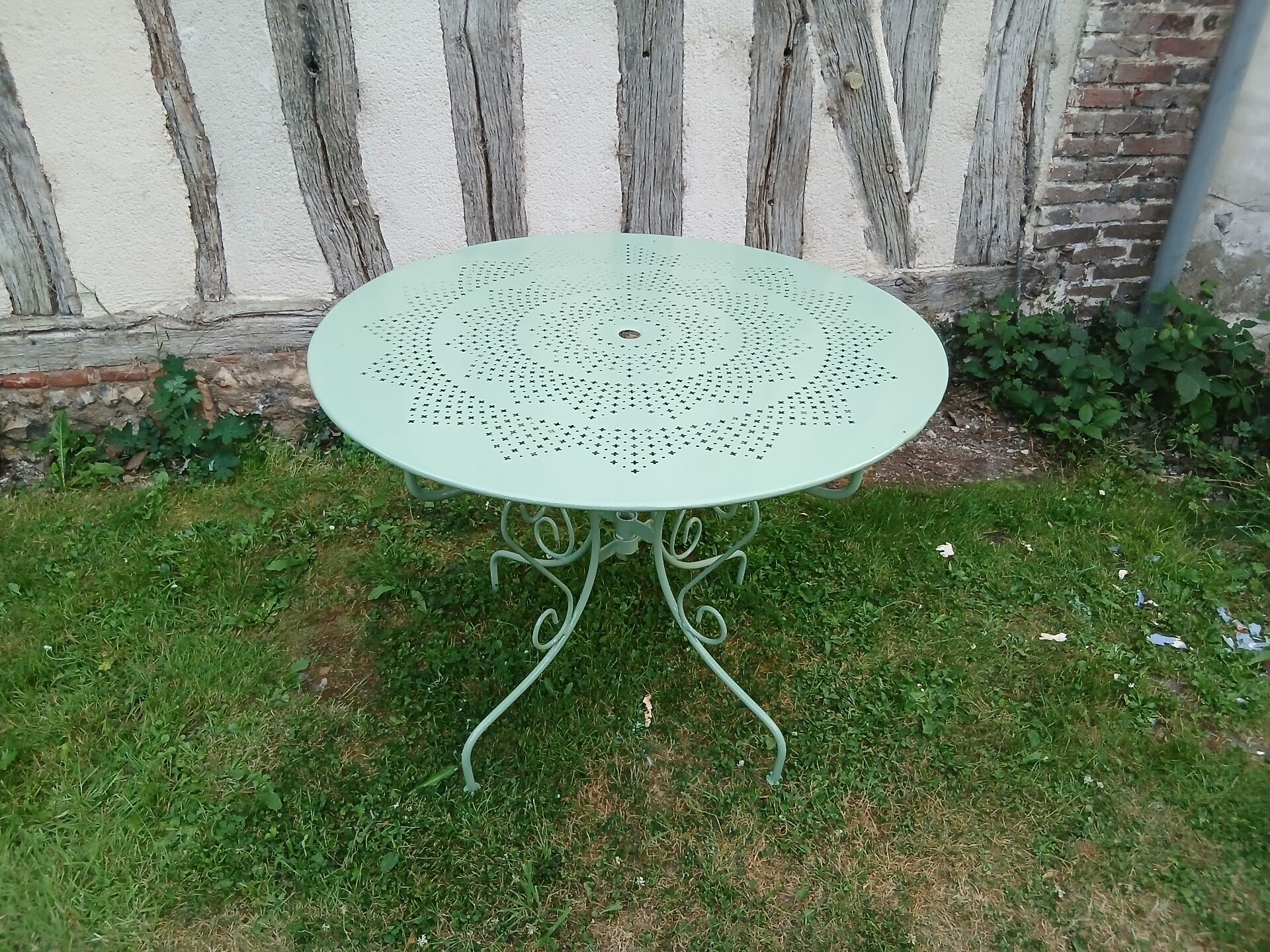 Salon de jardin 1 table 4 fauteuils fer forgé ancien vert Provence