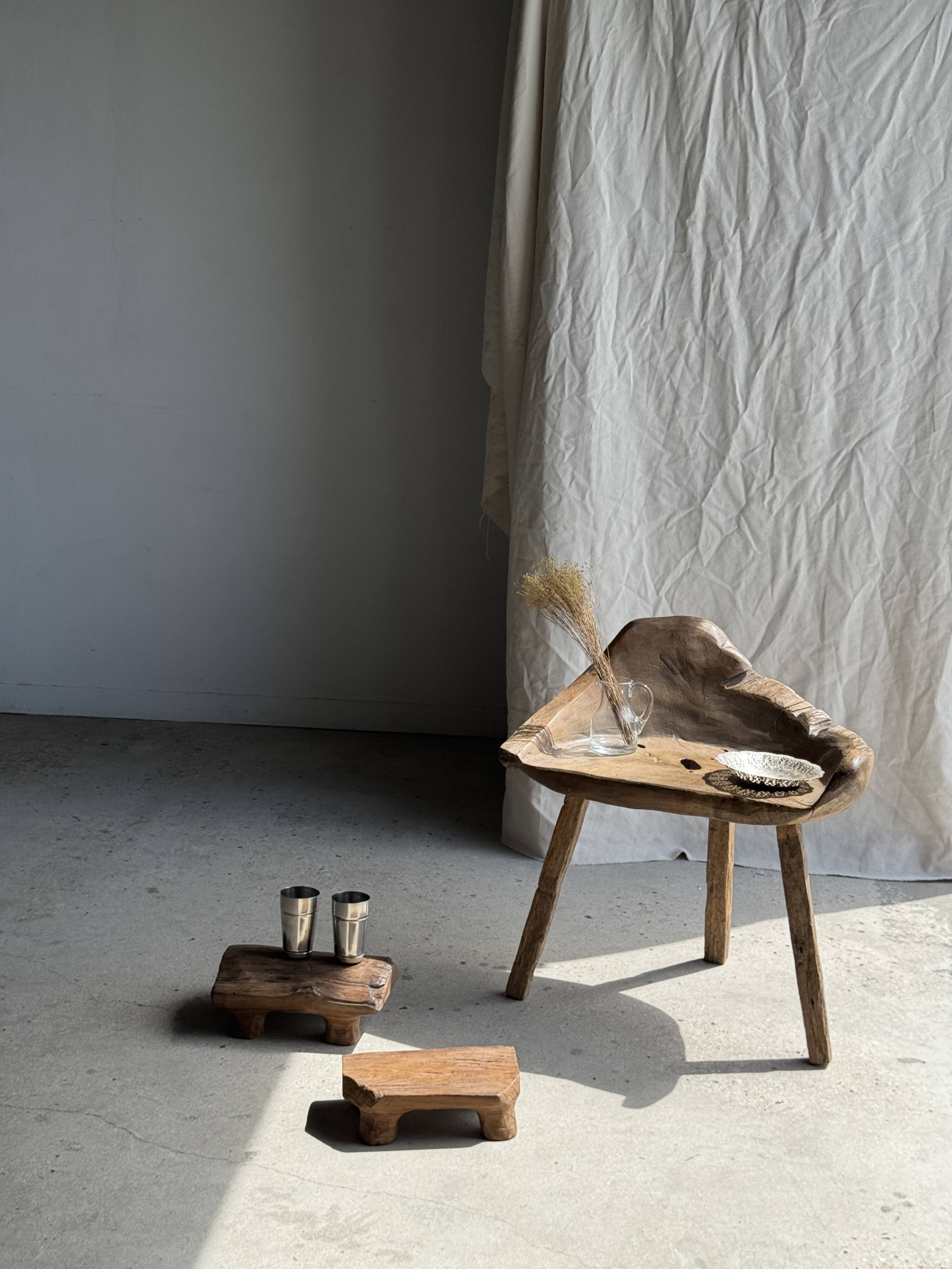 Small stool, footrest in organic blond teak monoxyle wabi-sabi L31