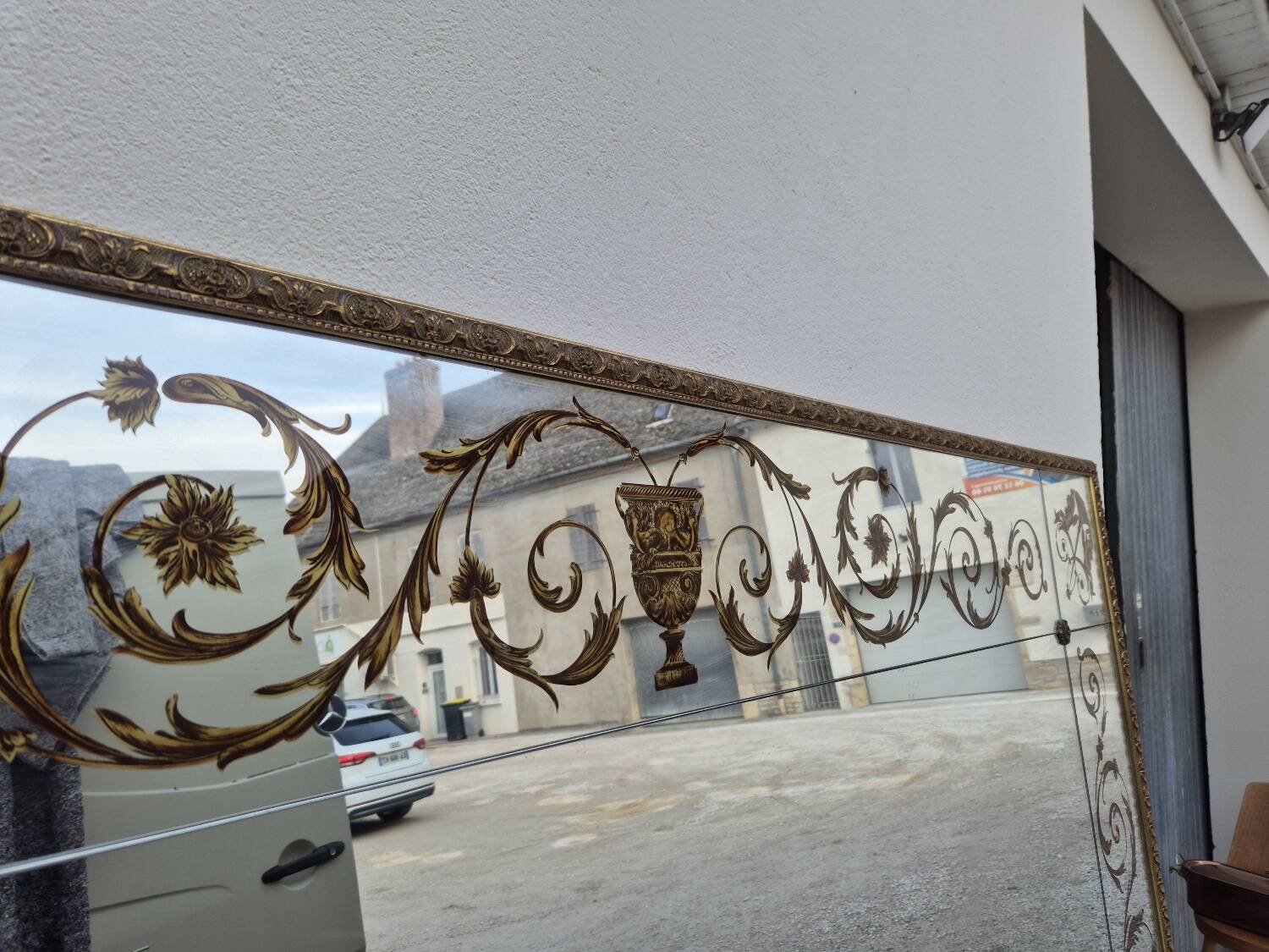 Antique gilded Venetian brasserie mirror in eglomised glass