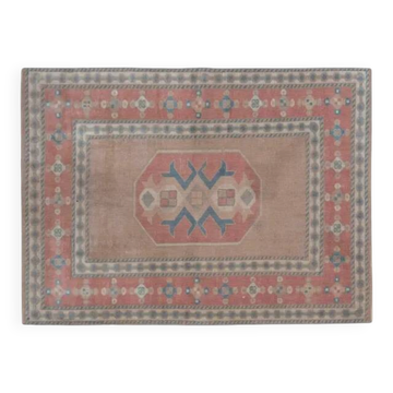 Tapis de sol vintage turc fait main en laine et coton rose des années 1970 144x196