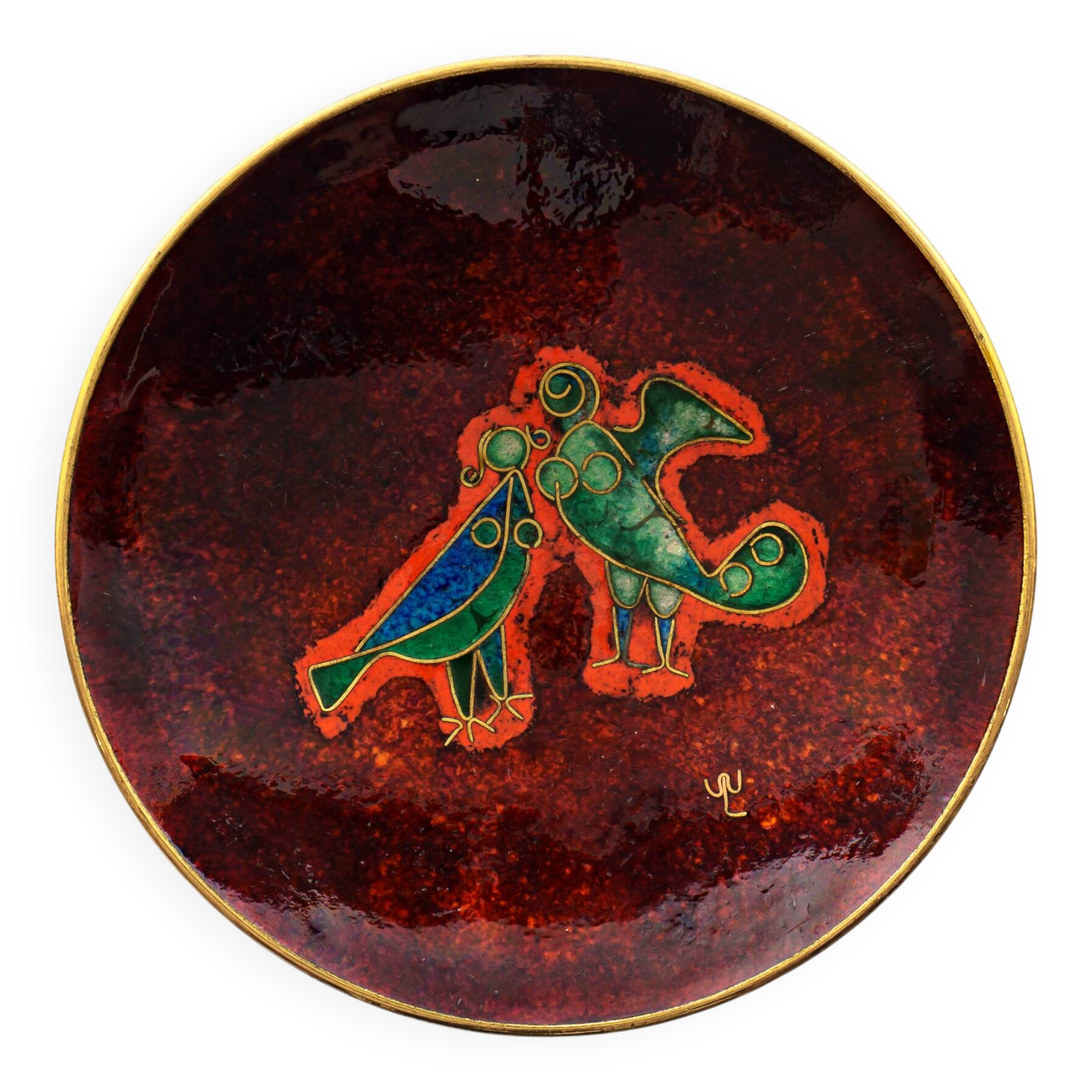 Vintage 1970s Walter Lochmuller Abstract Birds Cloisonne Red Enamel Dish