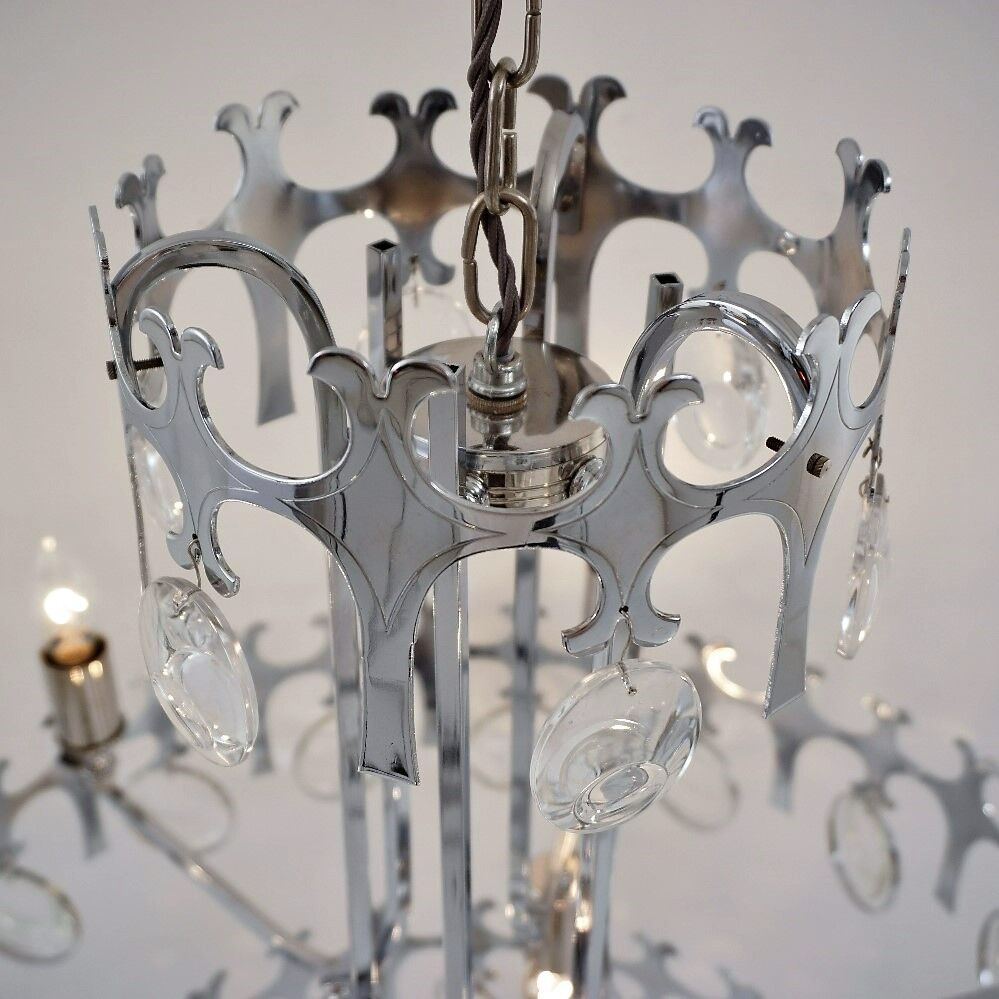 Sciolari chandelier `Ovali` 12 lights, silver with optical crystals, 1970`s ca, Italian, Rewired