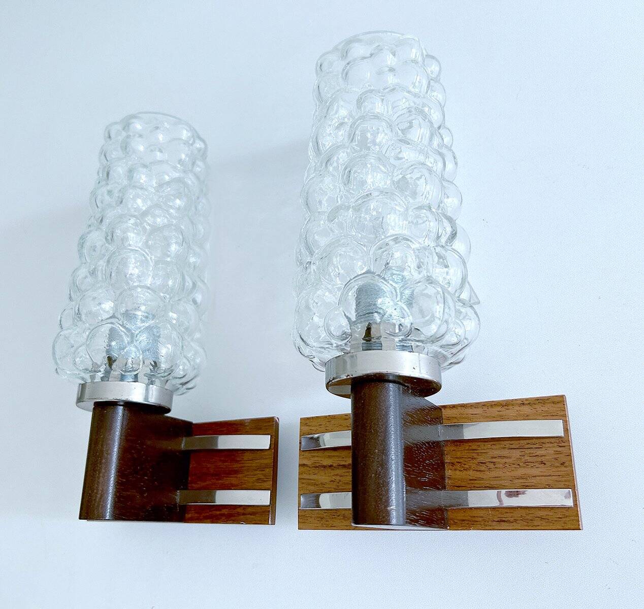 Pair Vintage Danish Bubble Blass Wood sconces