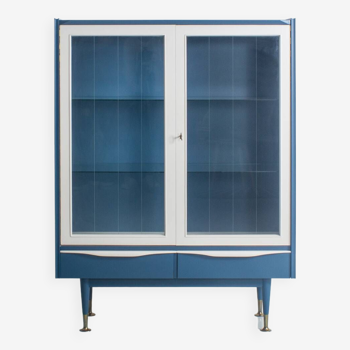 Meuble vitrine, vaisselier vintage, repeint en bleu et blanc équipé de 2 tiroirs