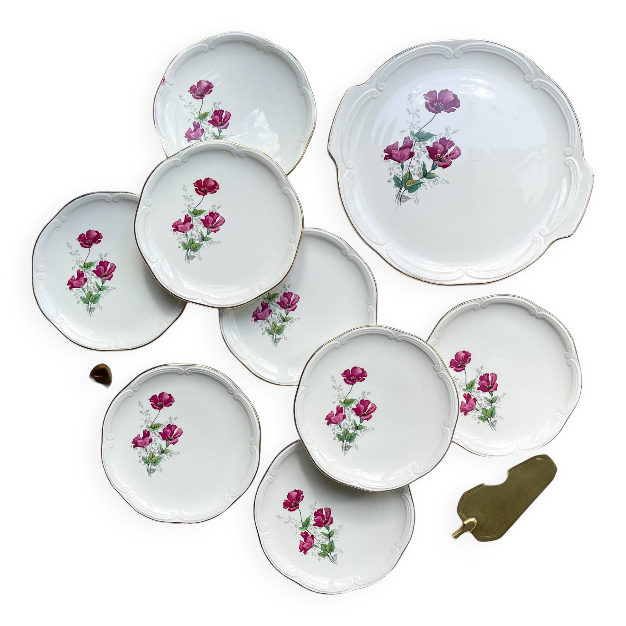 Vintage dessert service for 8 people in Gien porcelain from France, Elegance model, floral motif