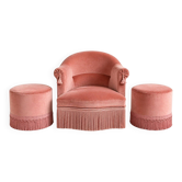 Set of crapaud armchair and 2 Napoleon III pink velvet poufs from the 19th century.