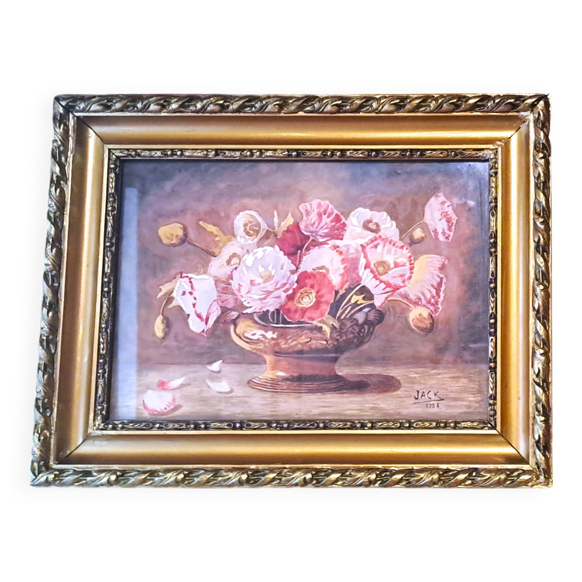 Painting jack watercolor still life france 1938 floral cup golden frame