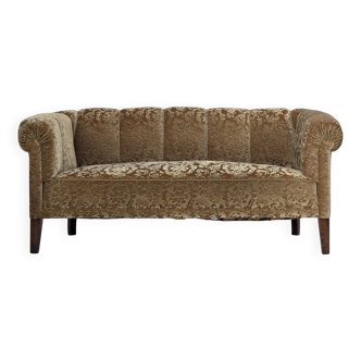 1960s, 3-seater Danish sofa, green furniture velour, ash wood legs.