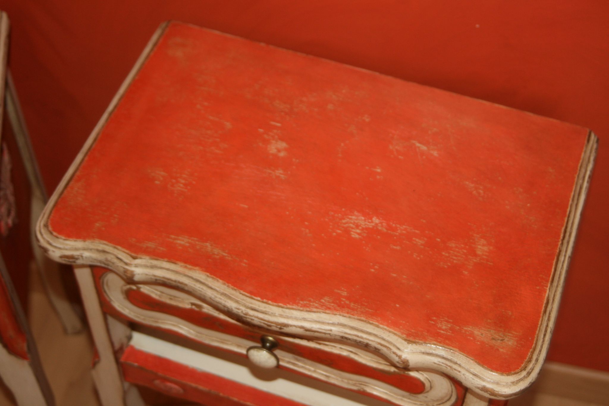 Pair of bedsides revamped red and white antique skated shabby