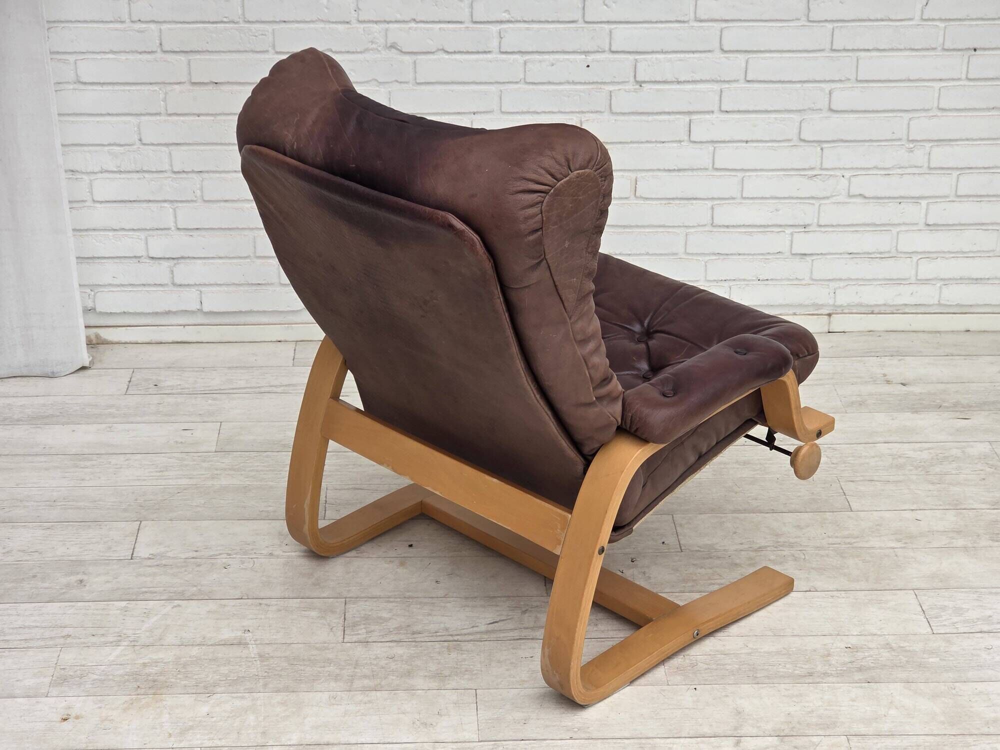 1970s, Scandinavian adjustable armchair, furniture leather, bentwood.