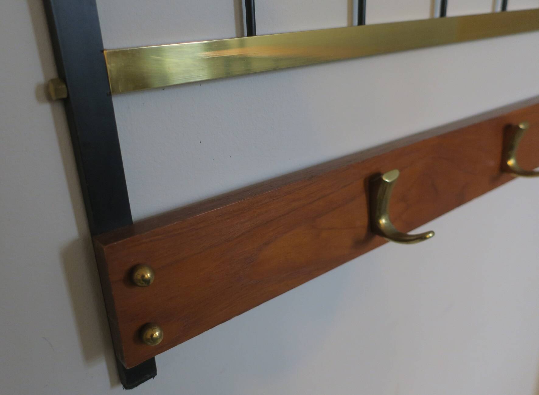 Mid-century brass and teak wall coat rack, 1960s