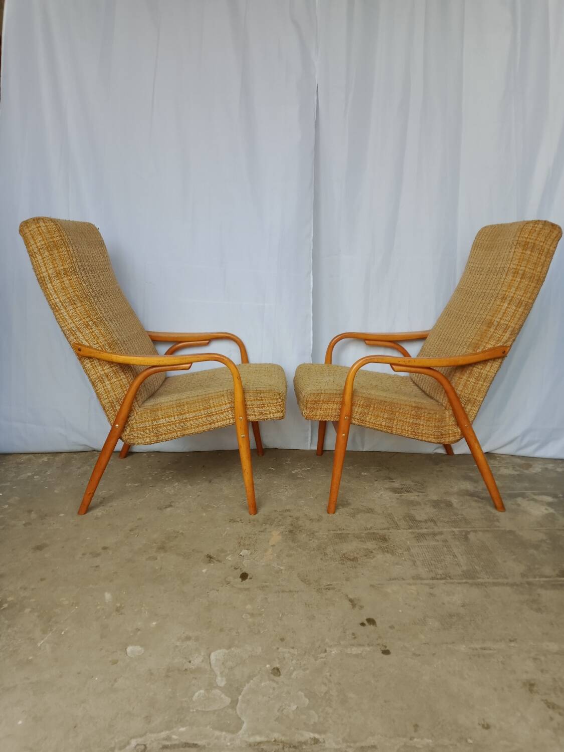 60s wood and fabric armchairs