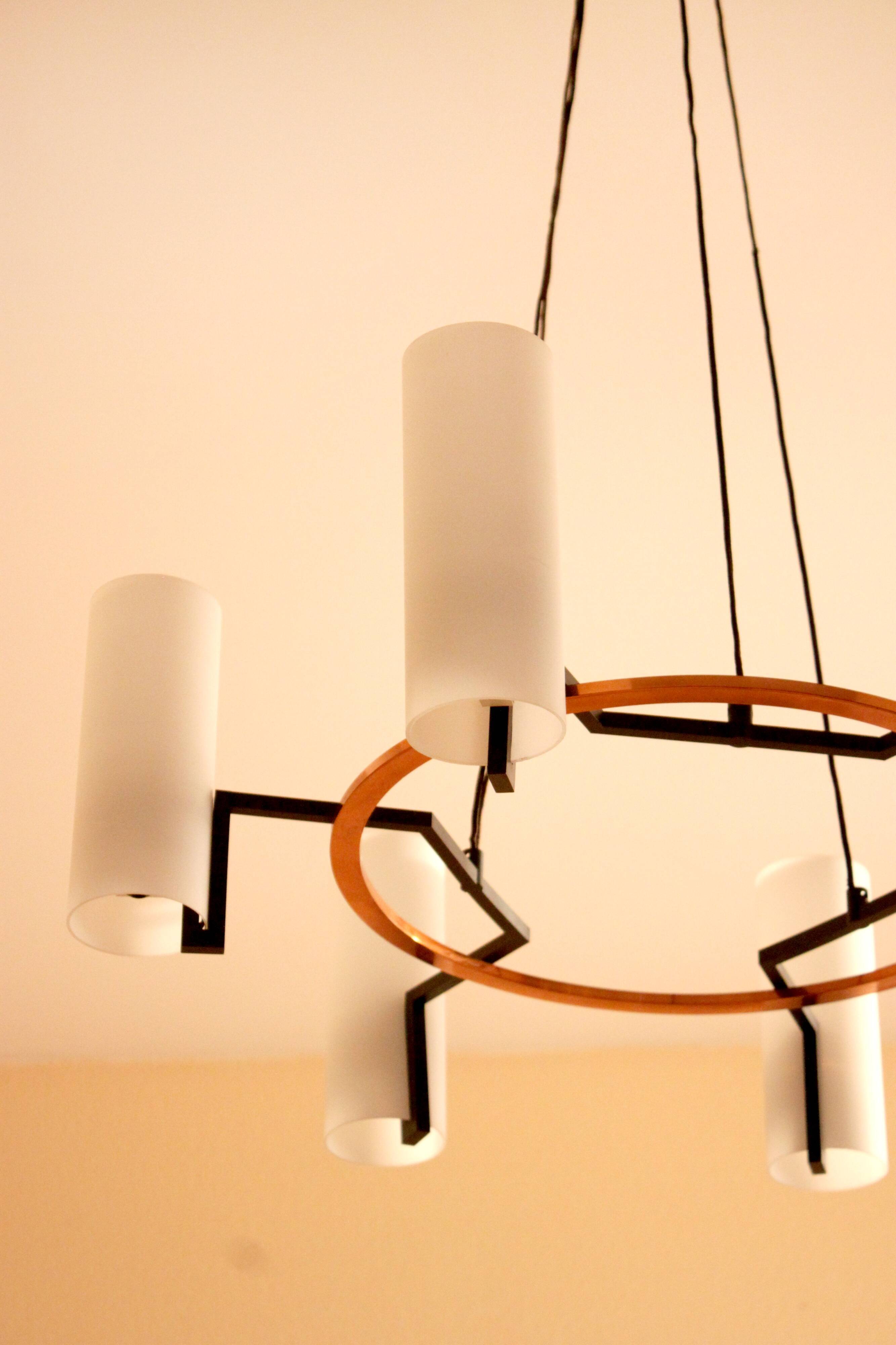 Modernist chandelier of the 60s, copper and opaline, cathedral