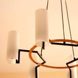 Modernist chandelier of the 60s, copper and opaline, cathedral