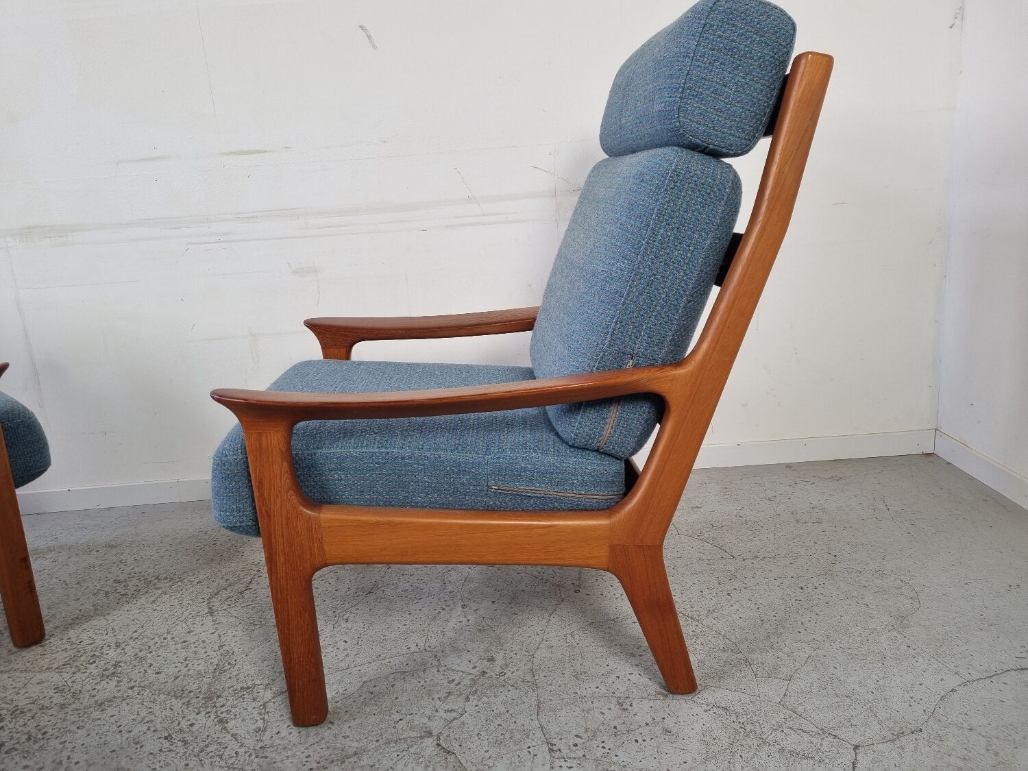 Pair of armchairs and Scandinavian teak ottoman by Juul Kristensen, Denmark 1970s