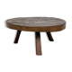 Brutalist coffee table in solid teak, monolithic slab, tripod base.