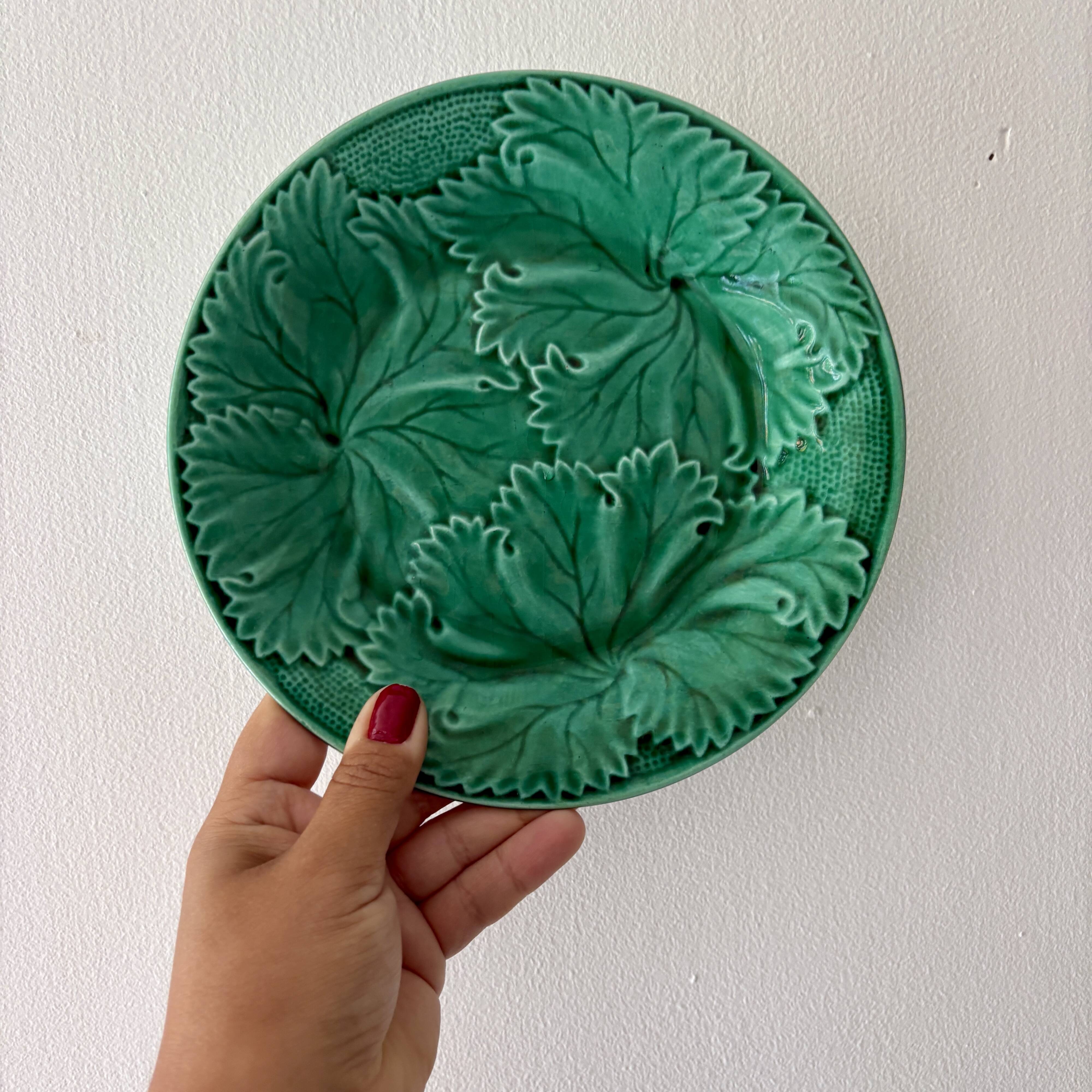 Set of 8 vintage green faience dessert plates, majolica.