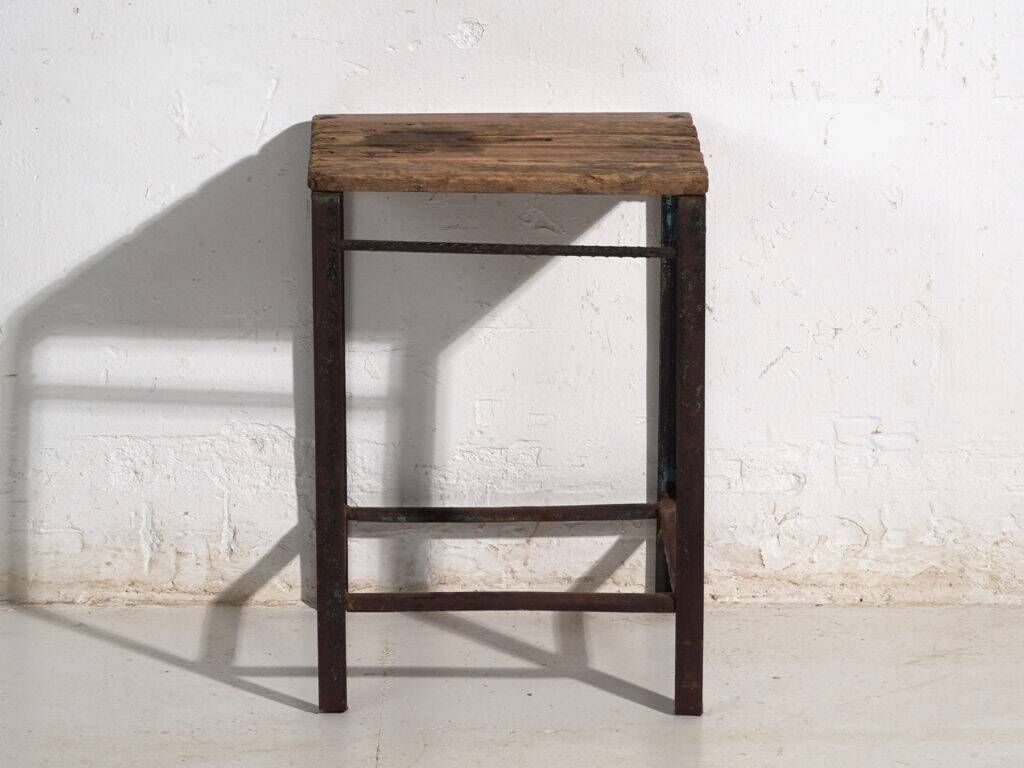 Vintage industrial stool made of pine wood and iron – Central Europe, around 1950
