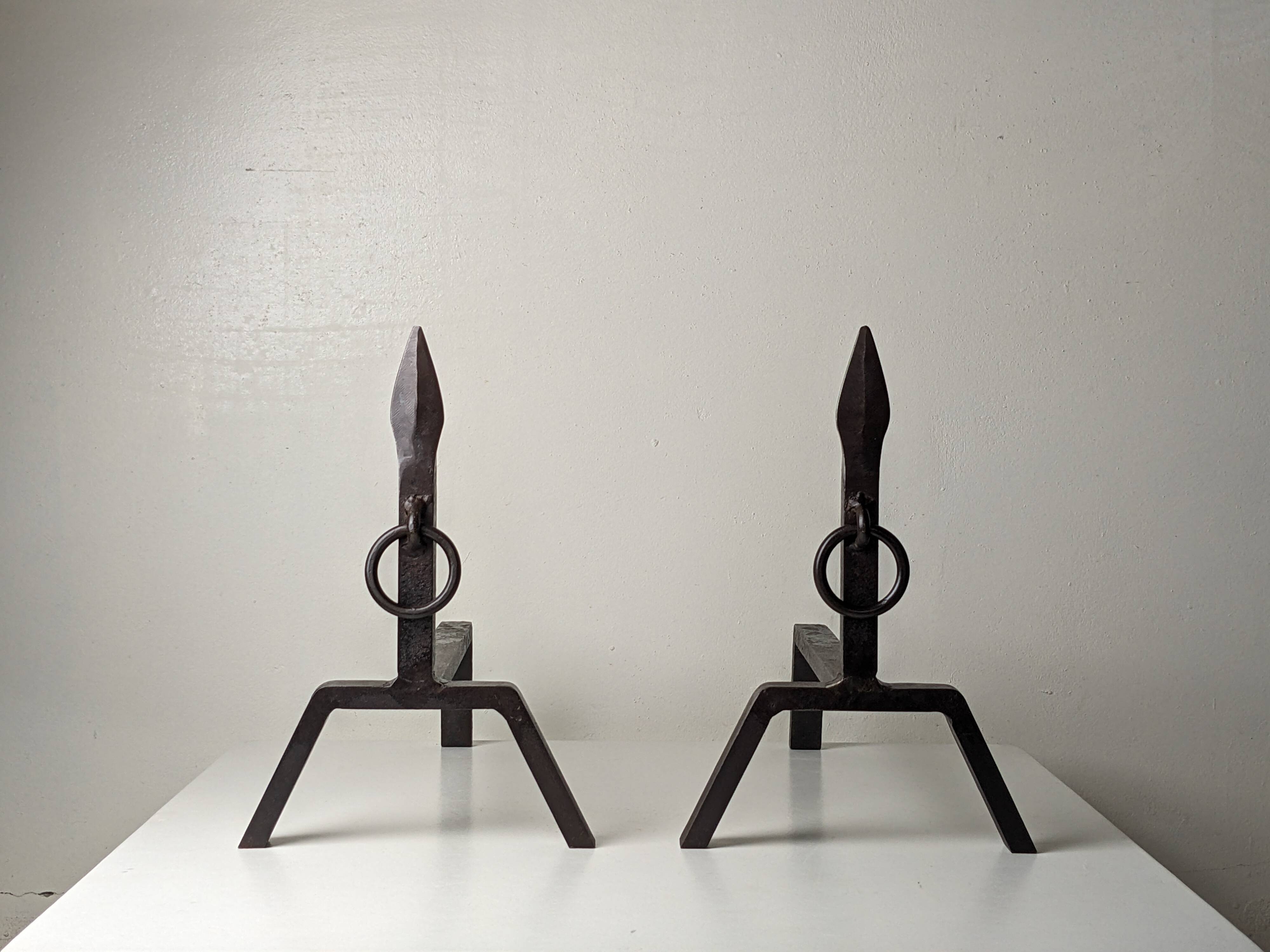 Pair of modernist wrought iron andirons - 1950s