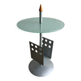 Light green glass and silver metal sculptural side table with wooden cone finial and magazine rack