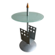 Light green glass and silver metal sculptural side table with wooden cone finial and magazine rack