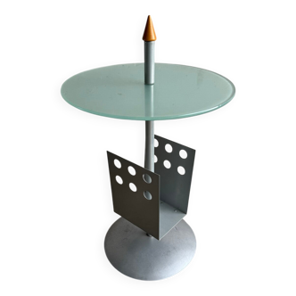 Light green glass and silver metal sculptural side table with wooden cone finial and magazine rack