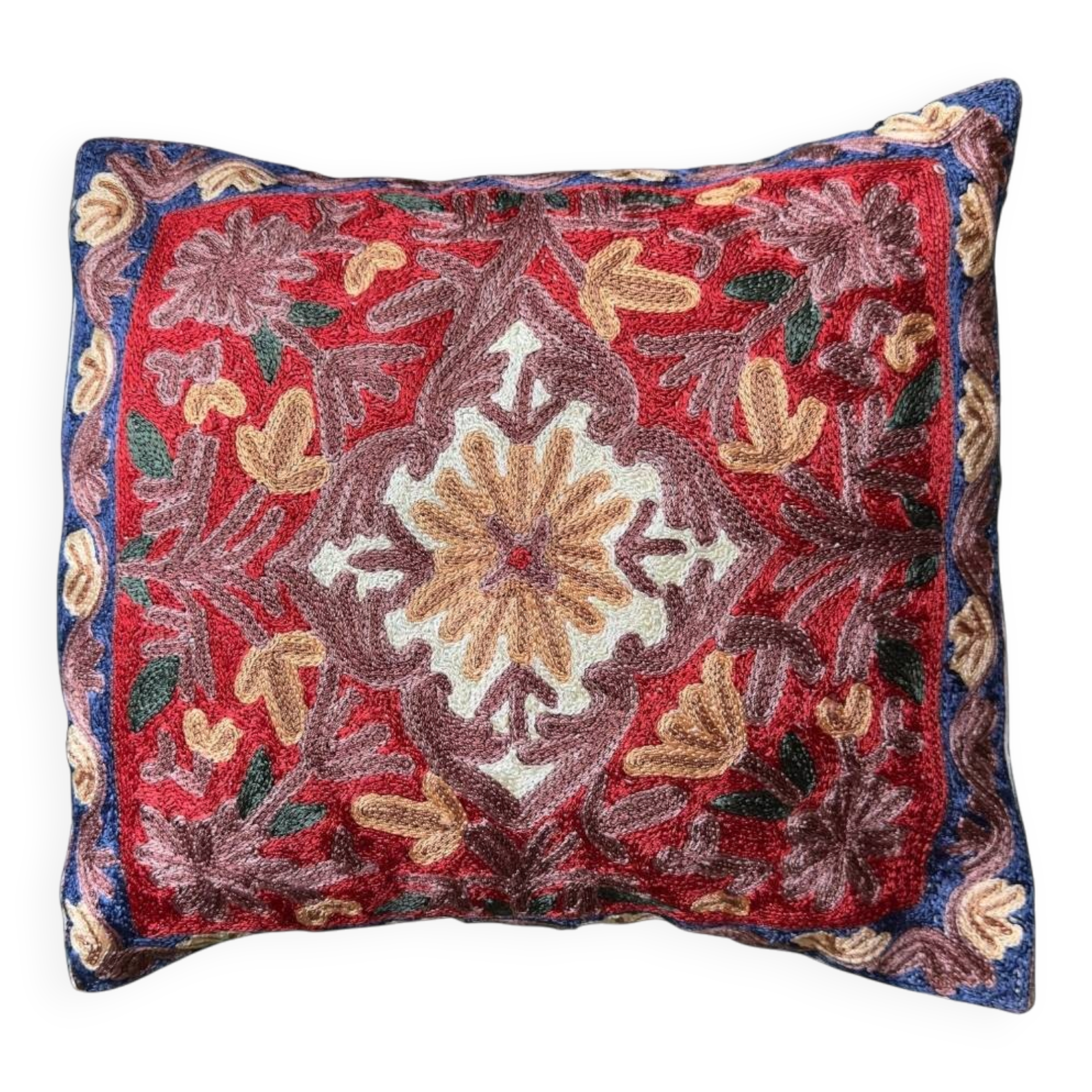 Hand-embroidered silk cushion cover from Kashmir, medallion pattern, 40x40 cm.