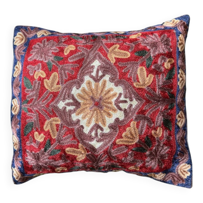 Housse de coussin brodée main en soie du Cachemire motif médaillon 40x40 cm