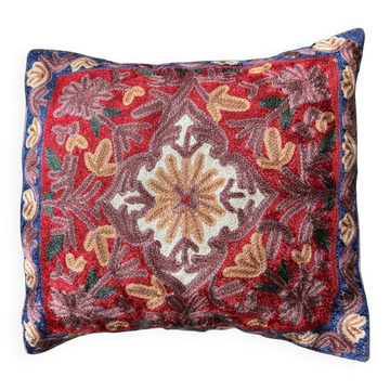 Hand-embroidered silk cushion cover from Kashmir, medallion pattern, 40x40 cm.