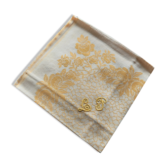 12 serviettes anciennes art déco en damassé rangé à décor de roses brodées LP