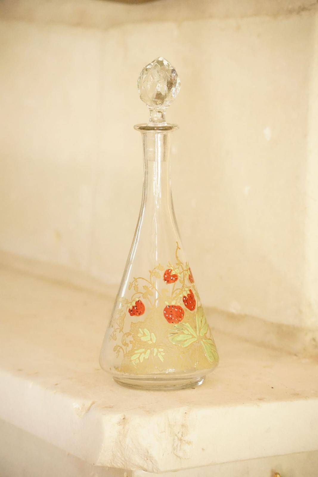 Legras (late 19th century) strawberry enamelled glass liqueur carafe.