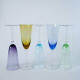 Set of 5 multicolored colored glass flutes 1970