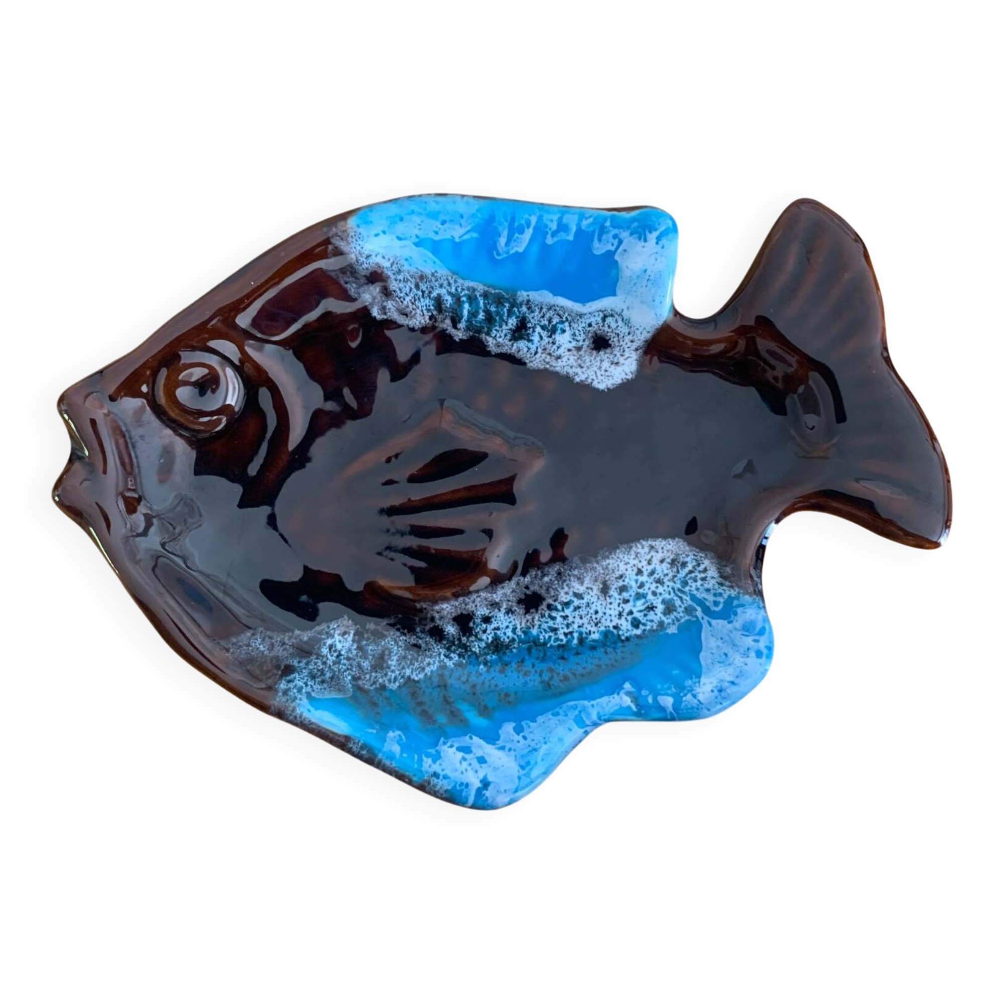 Coupelle forme poisson bleu et marron Vallauris