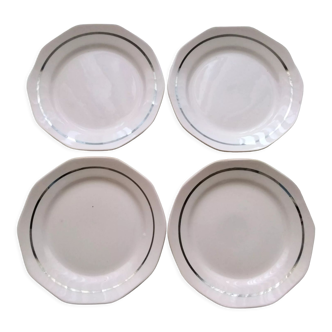 Set de 4 assiettes à dessert en faience de St Amand rose poudré et argent