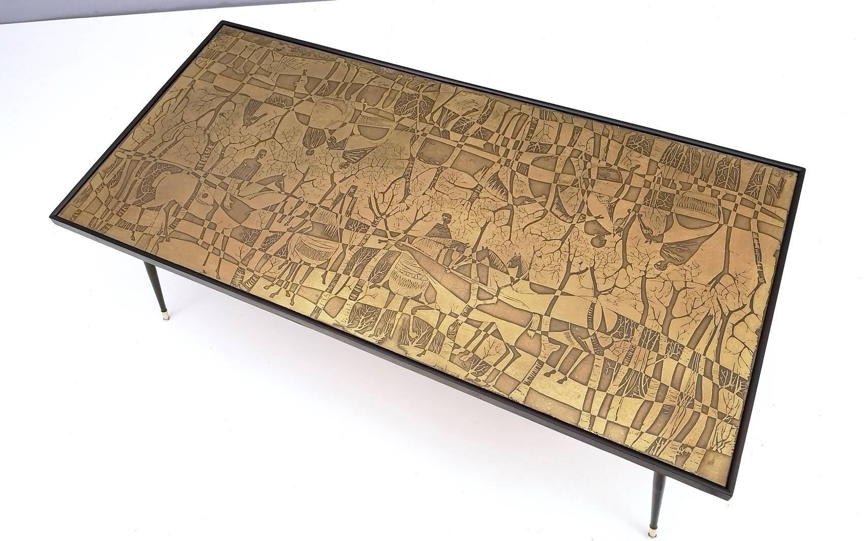 Rectangular Golden Brass and Black Varnished Metal Coffee Table by G.Urs