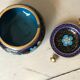 Ashtray burns incense in bronze enamelled floral decoration forget-me-not tones blue and black