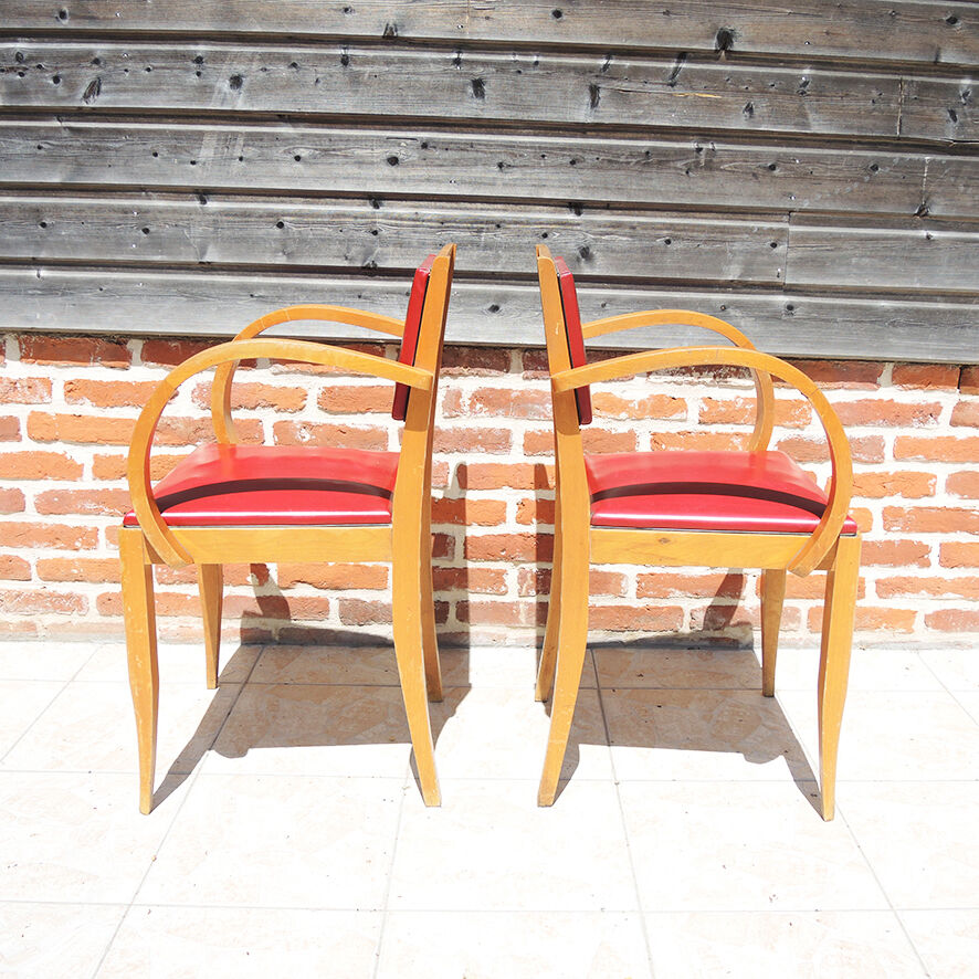 2 anciens fauteuils bridge bois & skai rouge