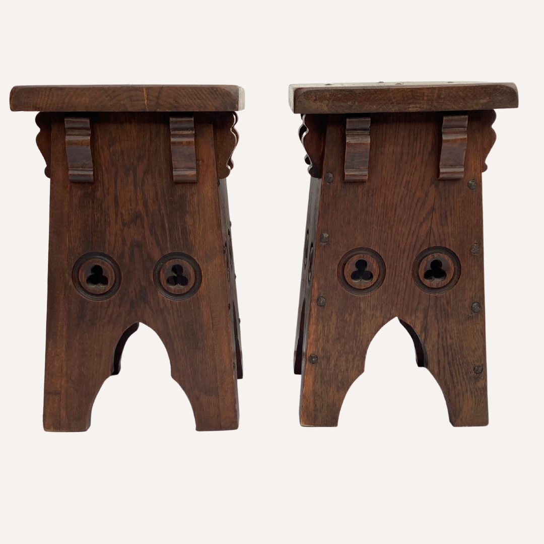 Brutalist set of 2 neo gothic oak stools ( pair ), midcentury , Spain