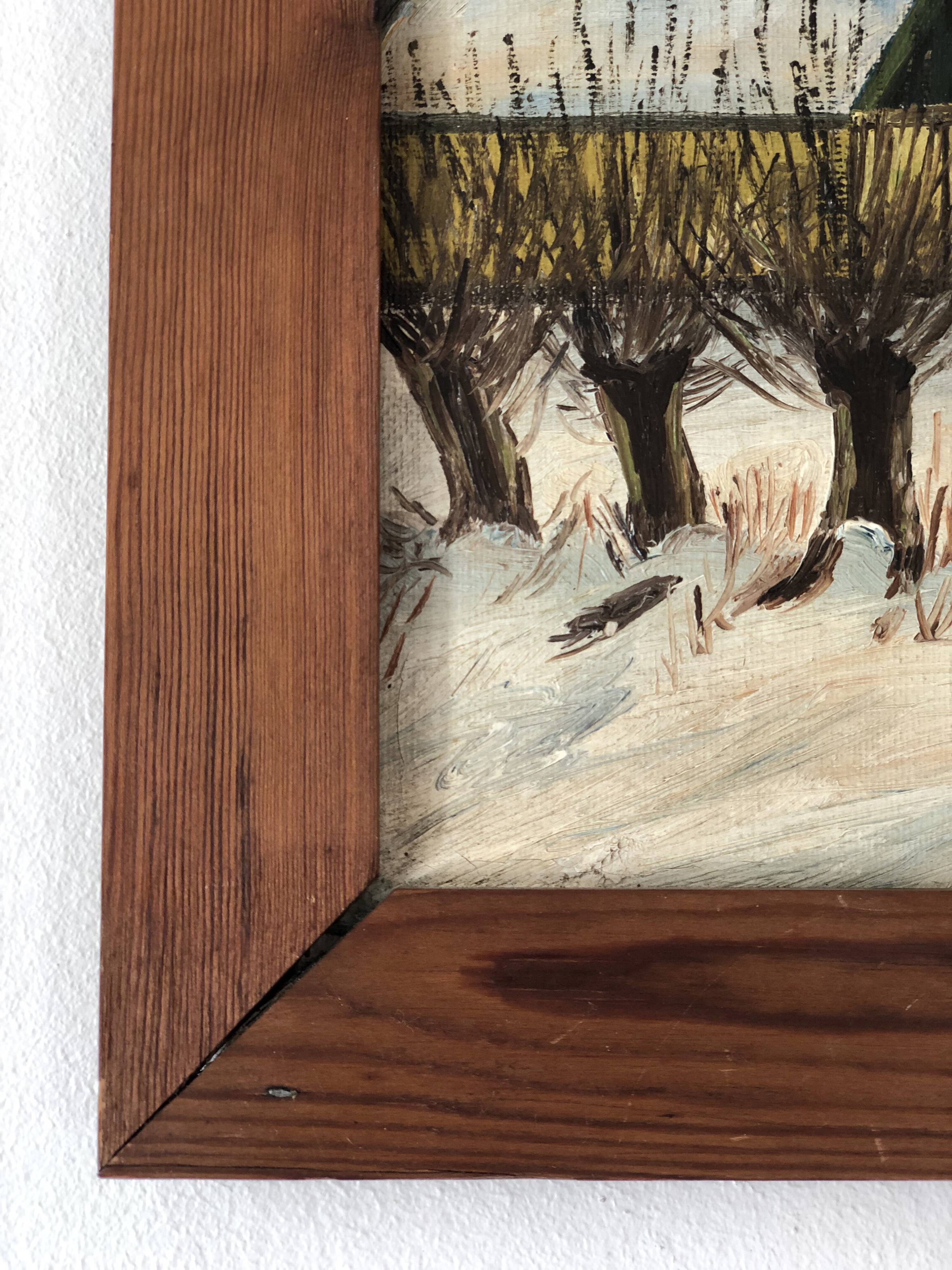 Peinture à l'huile vintage originale de cottage : Art de paysage d'hiver encadré