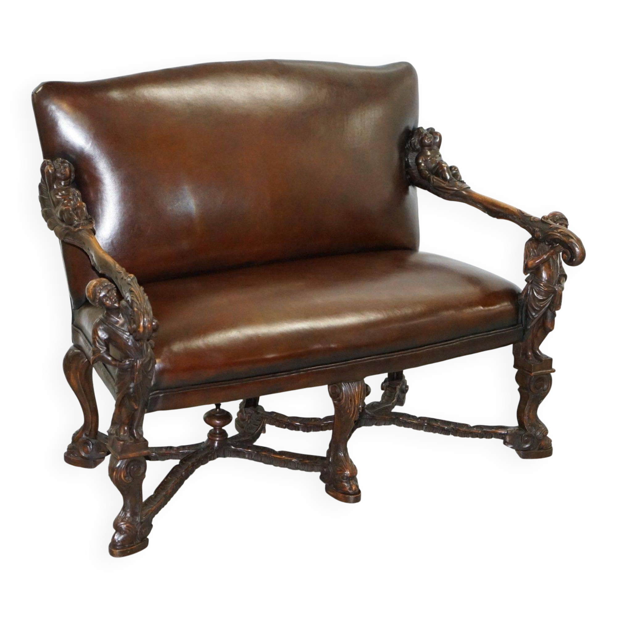 Carved Walnut Baroque Venetian Bench with Leather