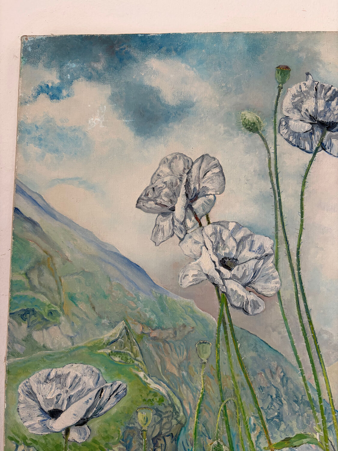 The foot of white poppies, signed Maurice Bouillot 1972