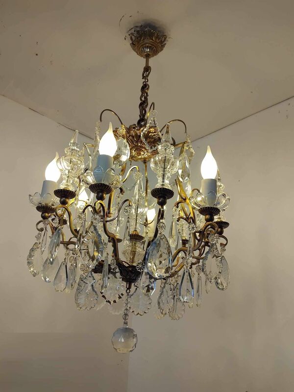 Lustre cage 6 bras de lumière avec poignard en cristal, fin 19ème