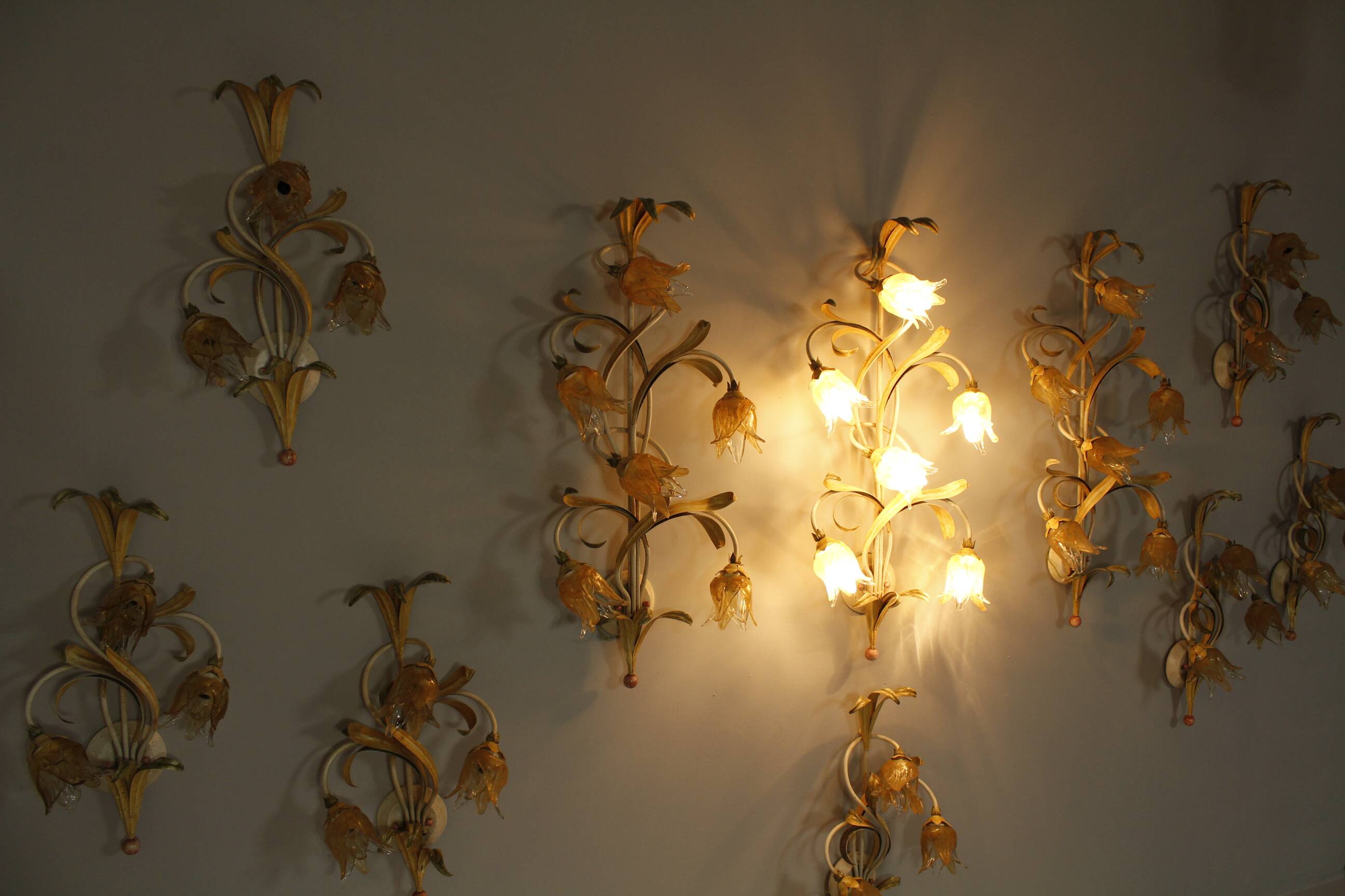 Set of 10 Wall Lights from colored hand crafted iron and Murano glass