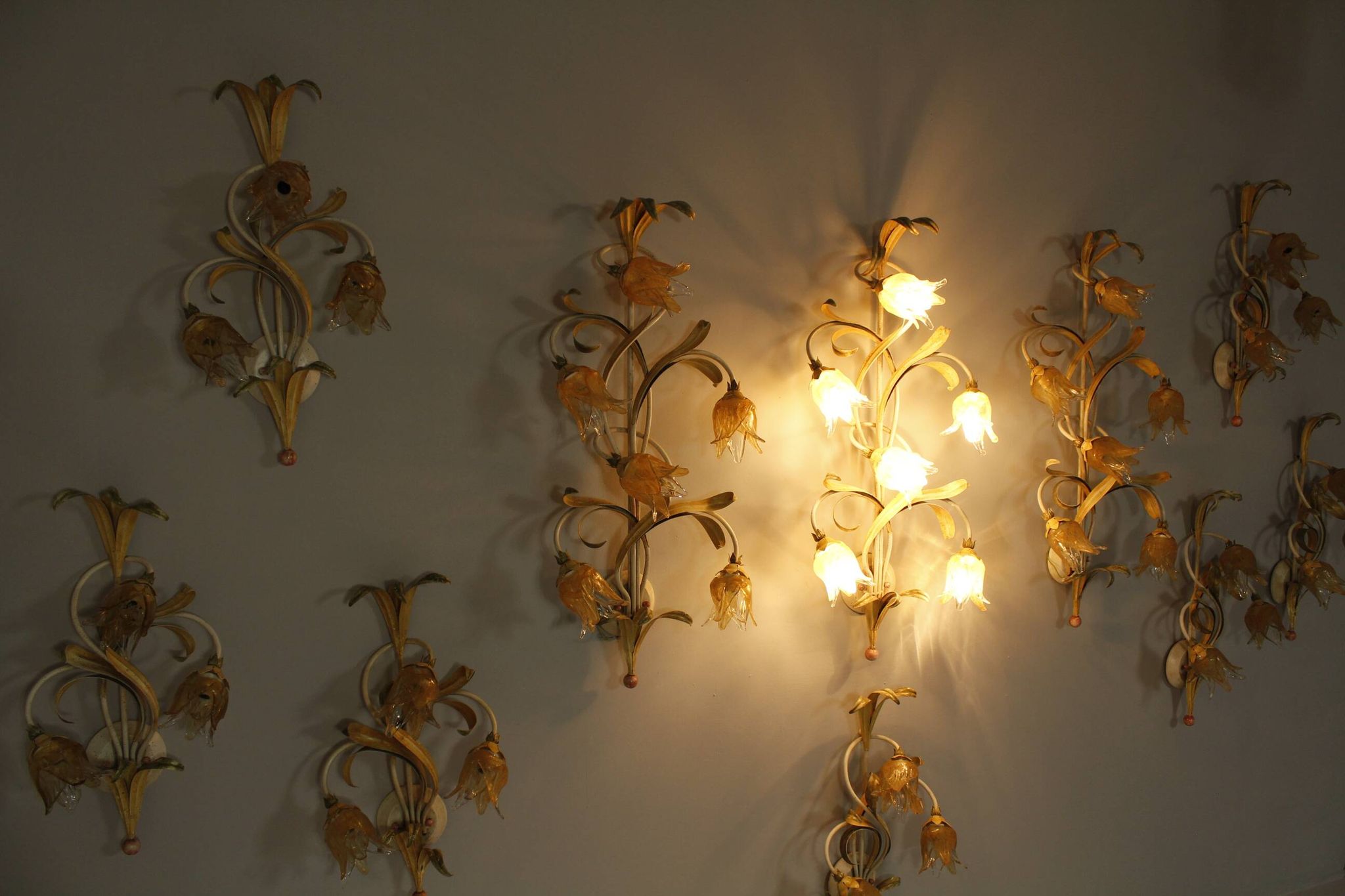 Set of 10 Wall Lights from colored hand crafted iron and Murano glass