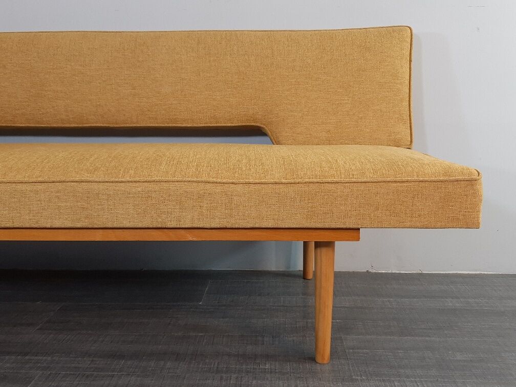 Sofa and daybed in beech and mustard fabric by Miroslav Navratil, vintage Czechoslovakia 1960s