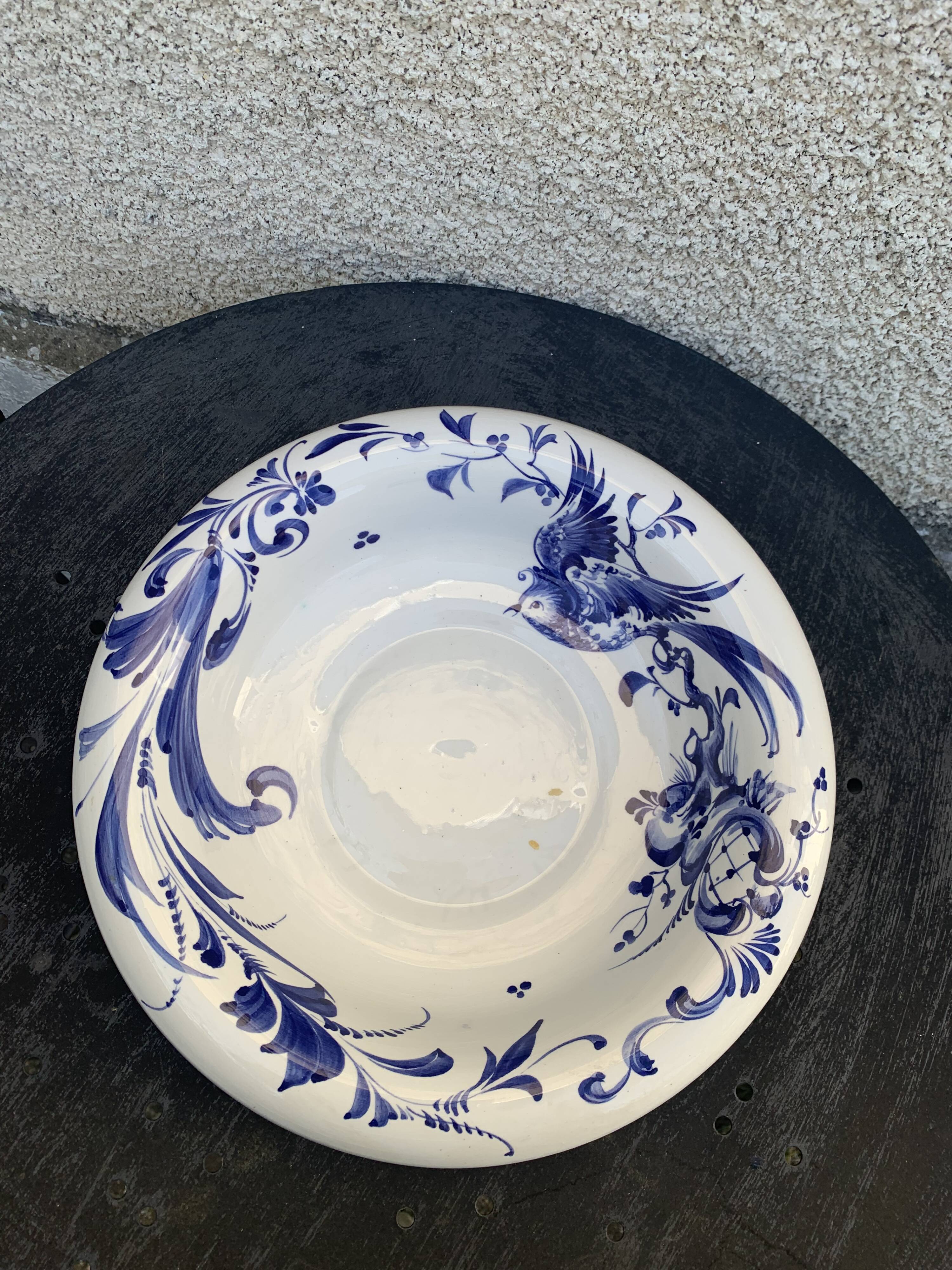 Hollow dish in enameled ceramic bird pattern hand painted Portugal numbered